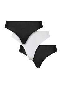Drie paar dames bikini slips gestapeld: twee zwarte en één witte. Glad stof, laag uitgesneden ontwerp en minimale bedekking. Geen zichtbare patronen.