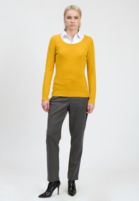 Gelber Langarmpullover mit rundem Halsausschnitt, kombiniert mit grauen, maßgeschneiderten Hosen und schwarzen High Heels. Glatte Textur, einfaches Design.