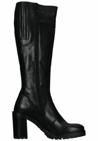 Zwarte leren kniehoog laars met een chunky hak, zijrits en geribbelde accenten op de schacht. Gladde textuur met een stevige zool.
