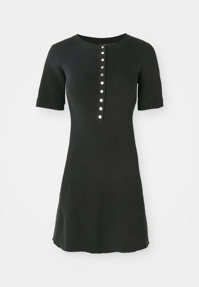 Black ribbed knit dress with short sleeves, round neckline, and a row of six metallic buttons down the front. Smooth texture, fitted design.