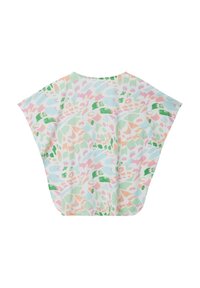 Korte mouwen kaftan van licht katoen met een pastelkleurig abstract patroon in groen, roze en blauw; losvallend, vloeiend ontwerp.