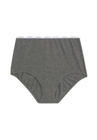 Mutande alte di colore grigio scuro realizzate in tessuto morbido. Presentano una cintura elastica bianca con il testo "BODY" ripetuto. Texture liscia, senza motivi.