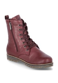 Bordeaux leren enkelboot met vetersluiting aan de voorkant, zijrits, gestructureerde zool en een gladde afwerking. Heeft metalen veterogen en stiksels.