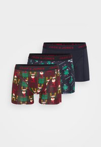Set of three men’s boxer briefs featuring elastic black waistbands with "JACK & JONES" text. Designs: plaid with reindeer, dark with trees, solid navy.