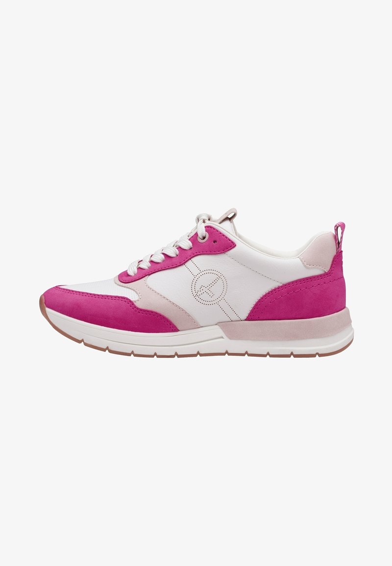 Baskets blanches et roses avec lacets, logo perforé sur le côté et semelle en caoutchouc, montrées en profil droit sur fond blanc.