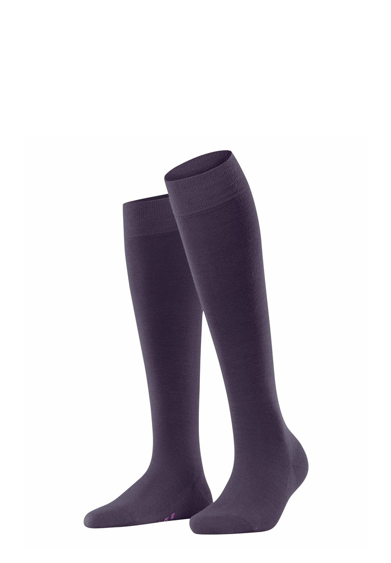 Calze nere viola alte fino al ginocchio esposte in verticale, con una texture liscia e una parte superiore a coste morbida. Ideali per comfort e supporto.
