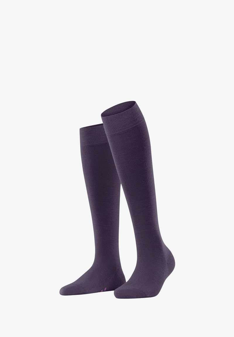 Calze nere viola alte fino al ginocchio esposte in verticale, con una texture liscia e una parte superiore a coste morbida. Ideali per comfort e supporto.