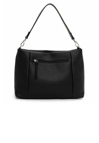 Sort læderhåndtaske med tekstureret overflade, en enkelt skulderrem og en lynlåslomme foran. Har et minimalistisk design.