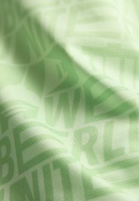 Svijetlozelena tkanina s ponovljenim uzorkom velikog, suptilnog teksta. Tekstura je meka i prozračna, s finom mrežastom kvalitetom.