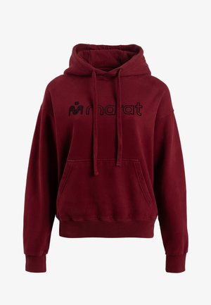 Burgundiapunane kapuutsiga dressipluus pehmest kangast, millel on kängurutasku, reguleeritav nöör ja must logo rinnal. Soonilised mansetid.