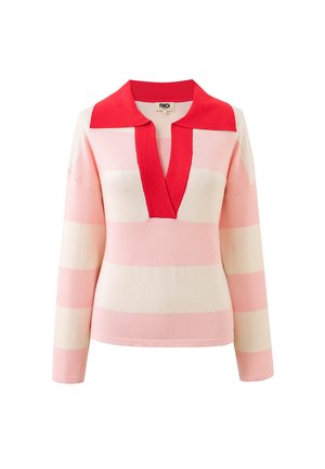 Jersey de punto de manga larga con anchas franjas horizontales en rosa y crema, escote en V profundo y cuello y tapeta en rojo intenso.