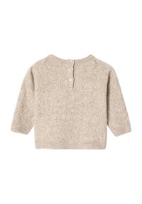 Beiger Strickpullover mit strukturiertem Muster, runder Ausschnitt und drei Knöpfen zum Verschließen auf der Rückseite. Lange Ärmel und gerippter Saum.