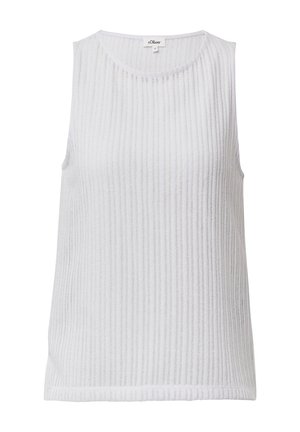 Weißes ärmelloses Oberteil mit geripptem Muster, rundem Ausschnitt und geradem Saum. Aus einem weichen Stoff gefertigt, ideal für Freizeitbekleidung.