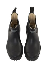 Stivali alla caviglia in gomma nera con finitura liscia, dotati di pannelli laterali elastici e linguette per una facile calzata, con suola texturizzata per una migliore aderenza.