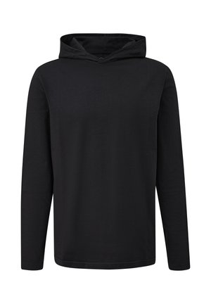 Zwarte lange mouwen hoodie gemaakt van zachte stof. Heeft een voorzak, een capuchon met trekkoord en is ontworpen met een ruime pasvorm.