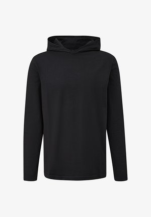 Zwarte lange mouwen hoodie gemaakt van zachte stof. Heeft een voorzak, een capuchon met trekkoord en is ontworpen met een ruime pasvorm.