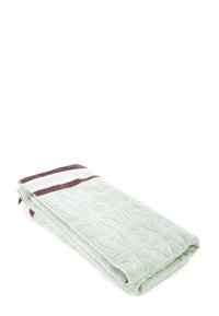 Toalla verde menta con patrón texturizado y acentos de rayas marrones en la parte superior. Forma rectangular y suave, doblada cuidadosamente.