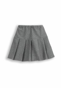 Szara spódnica plisowana wykonana z teksturowanej tkaniny, z dopasowanym pasem i pionowym wzorem w prążki, z wieloma plisami dla objętości.