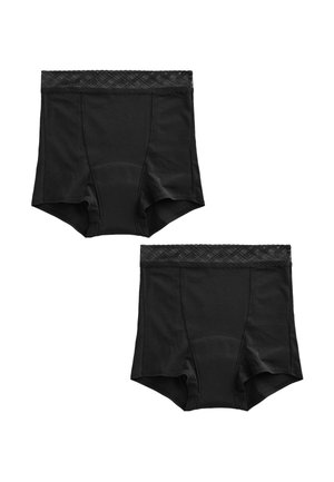 To sort højtaljede dameunderbukser med blonder og elastiske taljebånd, vist forfra og bagfra på hvid baggrund.