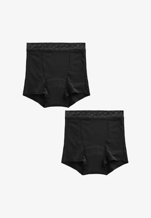 Twee zwarte damesonderbroeken met een hoge taille en elastische kanten taillebanden, getoond van voren en van achteren op een witte achtergrond.