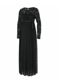 Robe de maternité longue noire avec un haut en dentelle, des manches longues et une jupe fluide. Elle présente un lien en satin à la taille et des panneaux latéraux transparents.