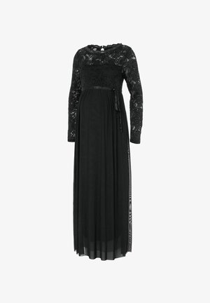 Abito da maternità lungo nero con top in pizzo, maniche lunghe e gonna fluida. Presenta un nastro da legare in vita e pannelli laterali trasparenti.