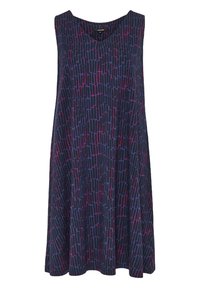 Ärmelloses Kleid in Marineblau, das ein geometrisches Muster in verschiedenen Lila- und Rosatönen zeigt. Ausgestellt geschnitten und aus einem weichen, strukturierten Stoff.