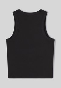 Débardeur noir sans manches, texture côtelée, encolure ronde, design ajusté, présentant un dos simple sans motifs ni embellissements.