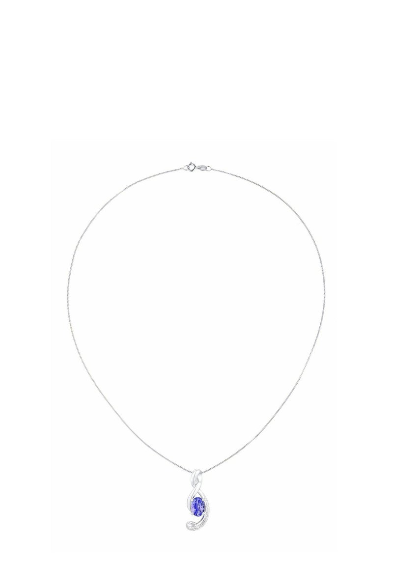 Collar plateado con un colgante de piedra preciosa violeta en forma de lágrima, rodeada por un remolino de pequeñas piedras claras y una cadena delgada.