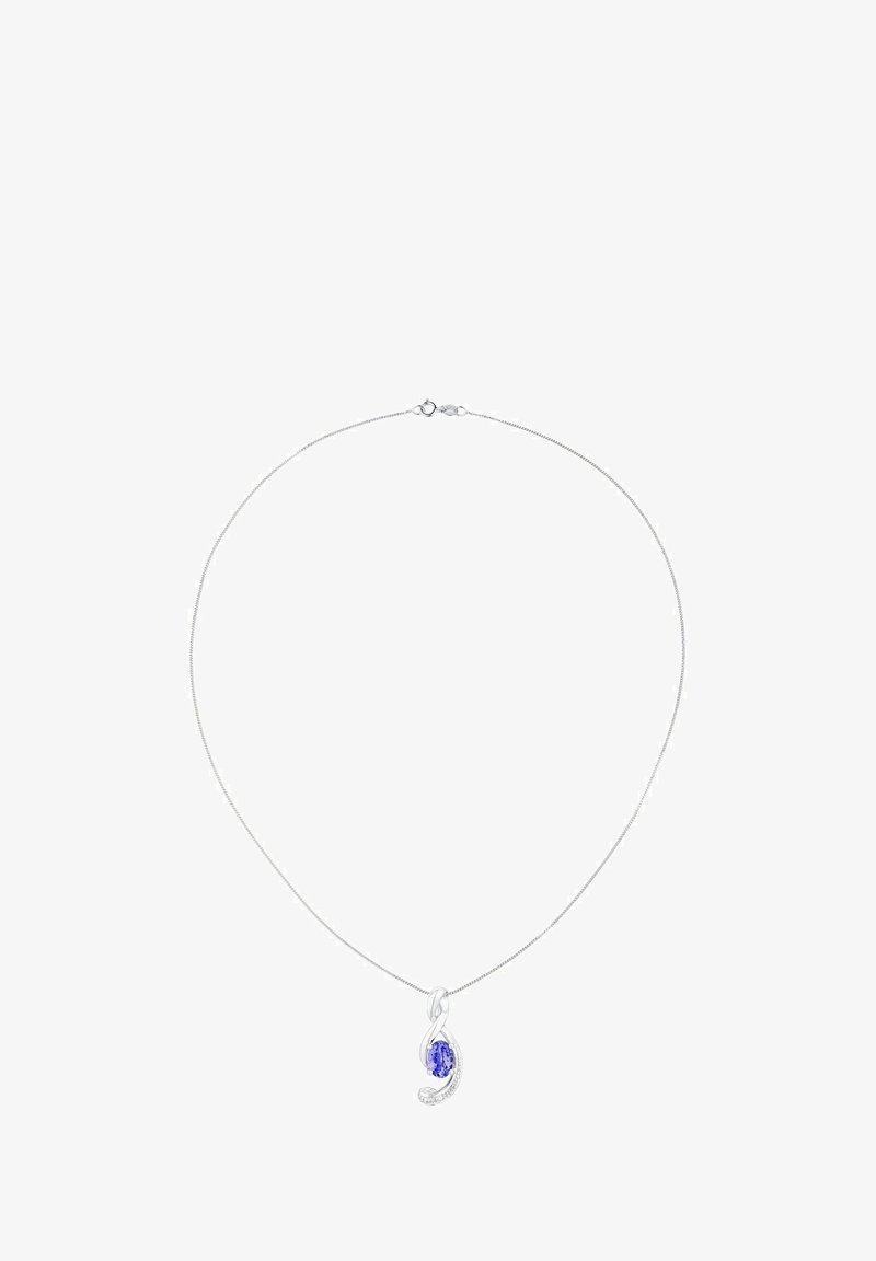 Collar plateado con un colgante de piedra preciosa violeta en forma de lágrima, rodeada por un remolino de pequeñas piedras claras y una cadena delgada.