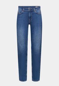 Jean droit bleu en denim avec fermeture bouton et zip, poches avant et arrière, et détails délavés sur les cuisses.