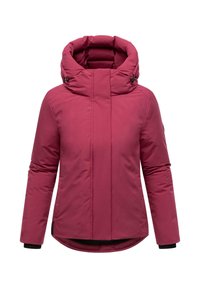 Bordeaux insulated jacket met een hoge kraag, een snug hood en elastische manchetten. Glad textuur en een rechte snit met zijzakken.