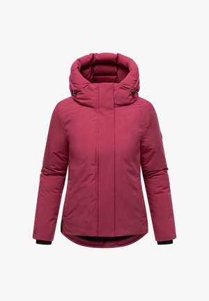 Burgundi színű szigetelt dzseki magas gallérral, kényelmes kapucnival és rugalmas mandzsettákkal. Simaság jellemzi, egyenes szabású, oldalsó zsebekkel.