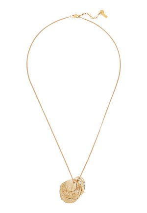 Delicate gold chain necklace with three textured, overlapping hammered disc pendants and a small adjustable clasp tag.