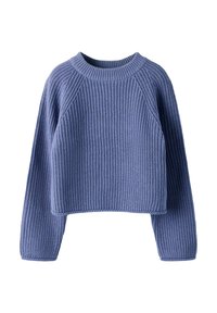 Sweater en tricot bleu cropped avec une texture côtelée, des manches raglan et un col rond, présentant un motif de points uniforme et régulier.
