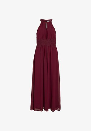 Bordeaux maxi kjole med halterneck og nøglehul foran. Tekstureret blonde talje og let, svævende stof. Lynlås lukning bagpå.