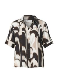 Chemise à manches courtes boutonnée avec un motif abstrait de coups de pinceau noirs, blancs et beiges et des poignets retroussés.