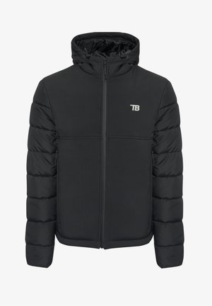 Schwarze Pufferjacke mit Kapuze, Reißverschluss und elastischen Bündchen. Sie hat einen glatten Stoff mit einem dezenten Logo auf der Brust und gesteppten Ärmeln.