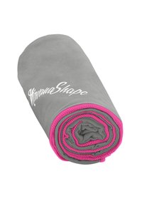Gray microfiber blanket rolled tightly, featuring pink stitching along the edge and a "HimamaShape" logo in white. Soft texture.