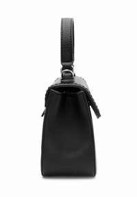 Borsa a mano in pelle nera con una forma strutturata, caratterizzata da una finitura testurizzata, un manico singolo nella parte superiore e dettagli in metallo argentato.