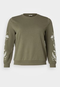 Felpa verde oliva realizzata in tessuto morbido, con maniche lunghe decorate da ricami floreali bianchi su entrambe le braccia e polsini e orlo a costine.