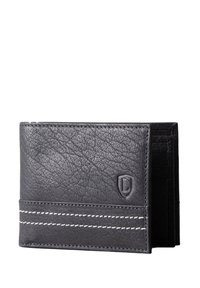 Black leather wallet with textured finish, featuring white stitching, a front slot, and multiple interior card slots.