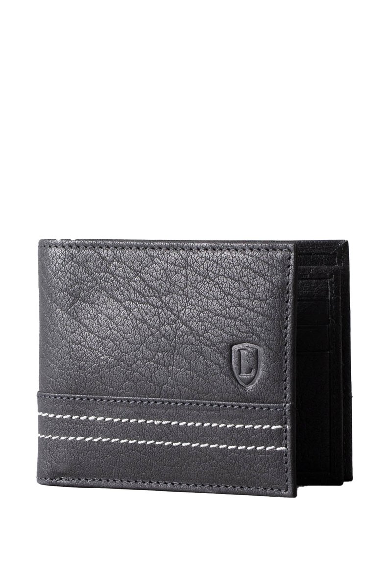 Black leather wallet with textured finish, featuring white stitching, a front slot, and multiple interior card slots.
