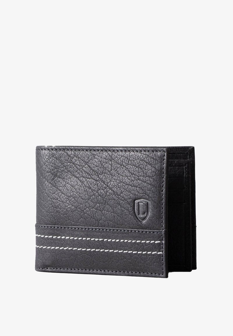 Black leather wallet with textured finish, featuring white stitching, a front slot, and multiple interior card slots.