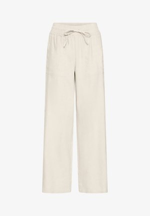 Pantalones de corte holgado, de color beige claro, hechos de tela texturizada; cuentan con una cintura elástica con cordón ajustable y dos bolsillos laterales.