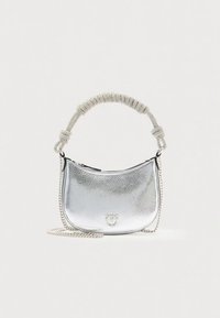 Silver metallic handbag with a rounded silhouette, textured surface, chain strap, and braided handle detail. Features a zip closure.