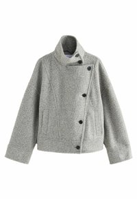 Gray wool blend jacket with a high collar, diagonal button closure, two side pockets, and textured finish. Features black buttons and seams.