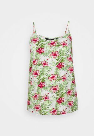 Top de camisolão floral em tecido branco com flores de hibisco cor-de-rosa e folhas verdes. Alças finas ajustáveis, corte solto.