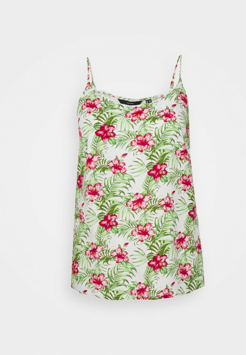 Top de camisolão floral em tecido branco com flores de hibisco cor-de-rosa e folhas verdes. Alças finas ajustáveis, corte solto.