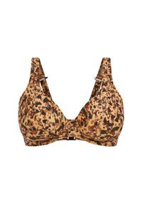 Leopard print bra with a triangular shape, made of smooth fabric, featuring adjustable straps and a front clasp closure.